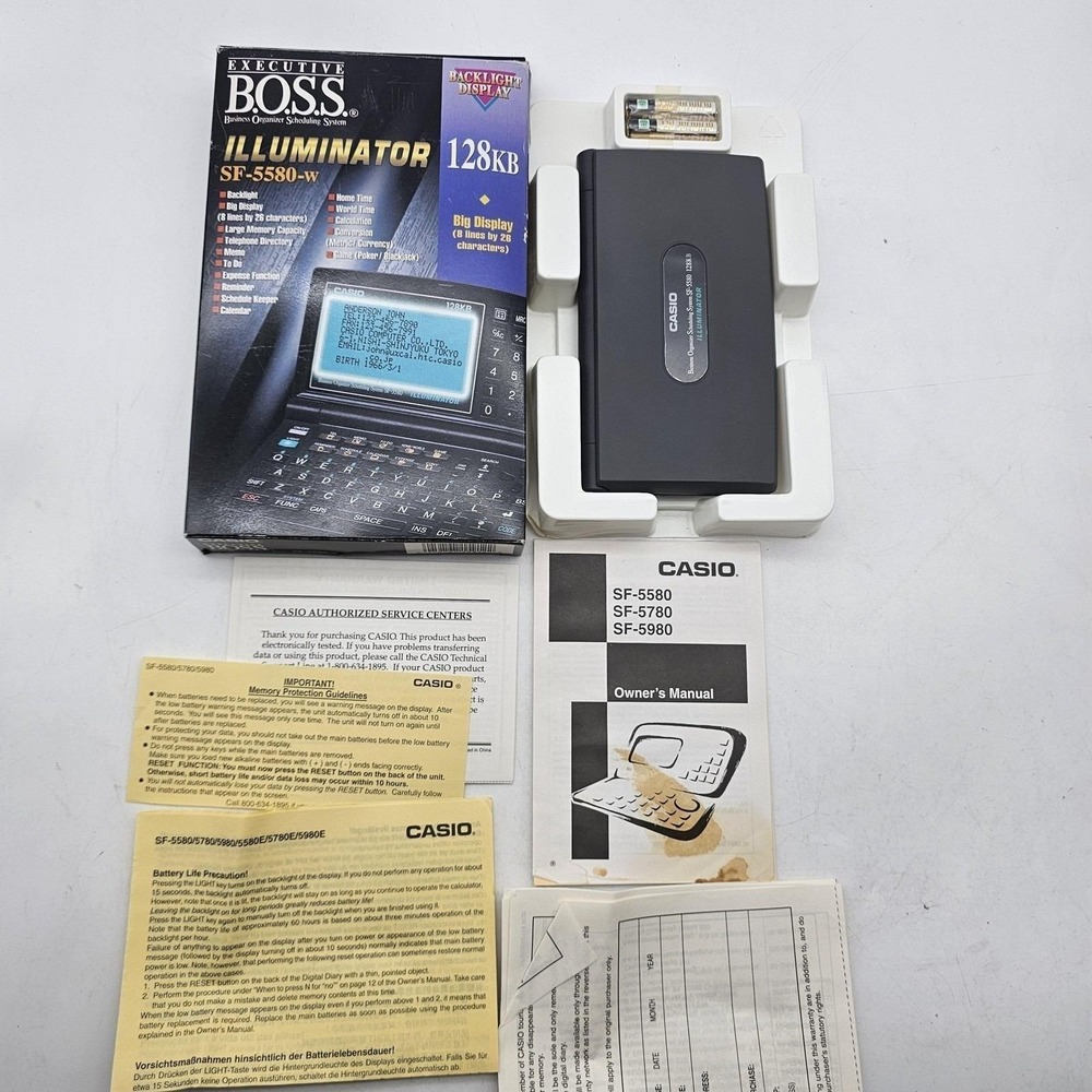 Vtg Casio Executive BOSS SF-5580W Illuminator Organizer 128KB Black See VIDEO